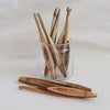 mixed wood striped crochet hooks with curved handle